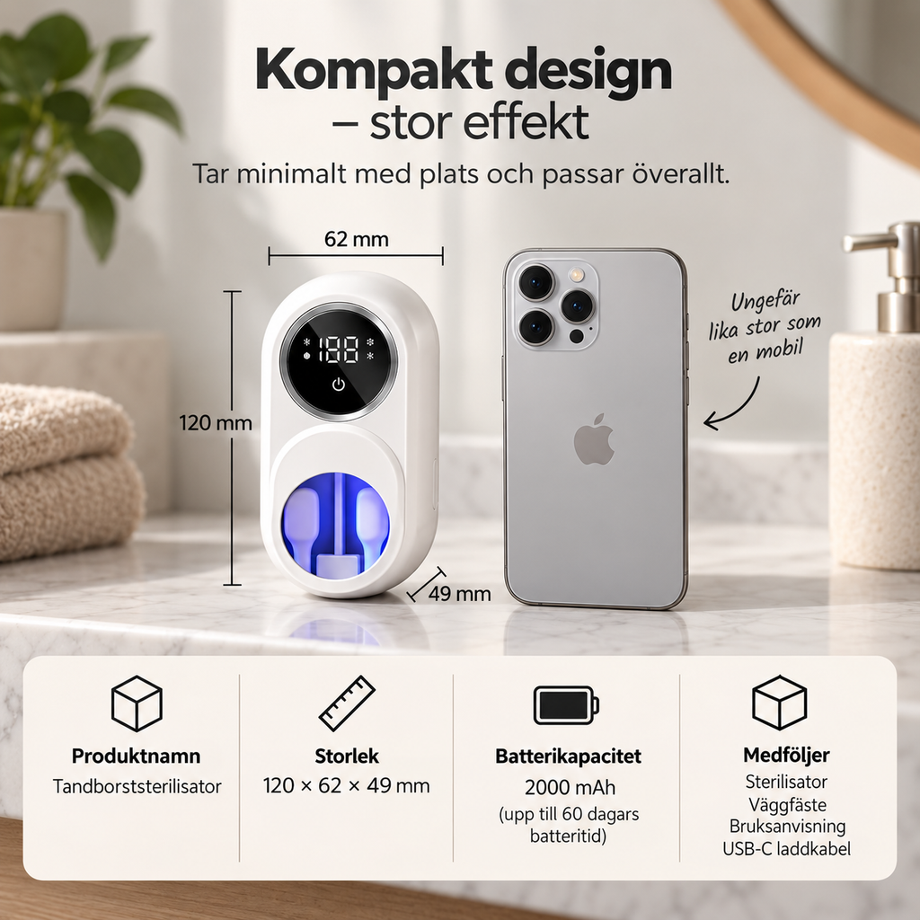 PureBrush – Smart tandborstrengörare med UV-C desinfektion och värmetorkning