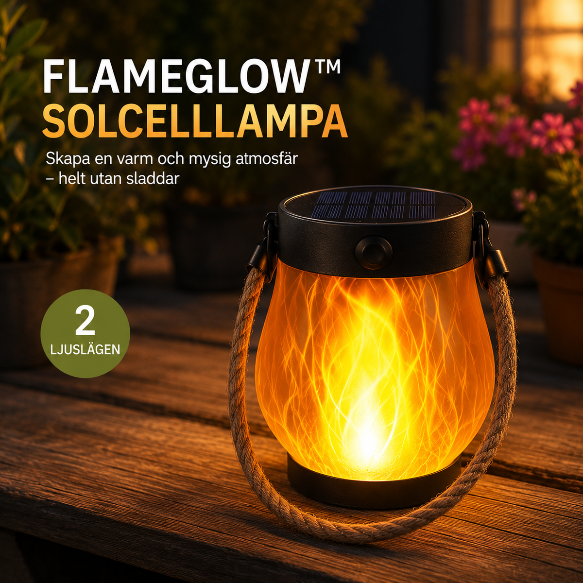 FlameGlow™ Solcellslampa – Levande flammeffekt för uteplats & trädgård 🔥