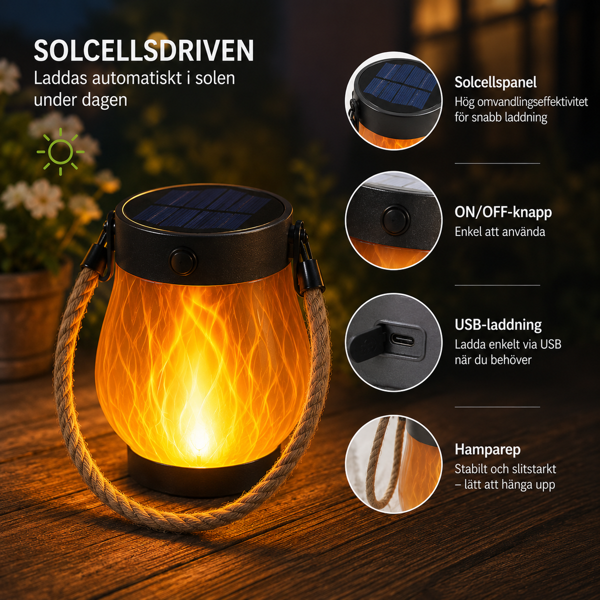 FlameGlow™ Solcellslampa – Levande flammeffekt för uteplats & trädgård 🔥