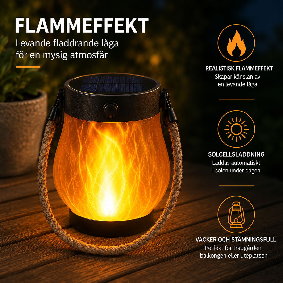 FlameGlow™ Solcellslampa – Levande flammeffekt för uteplats & trädgård 🔥