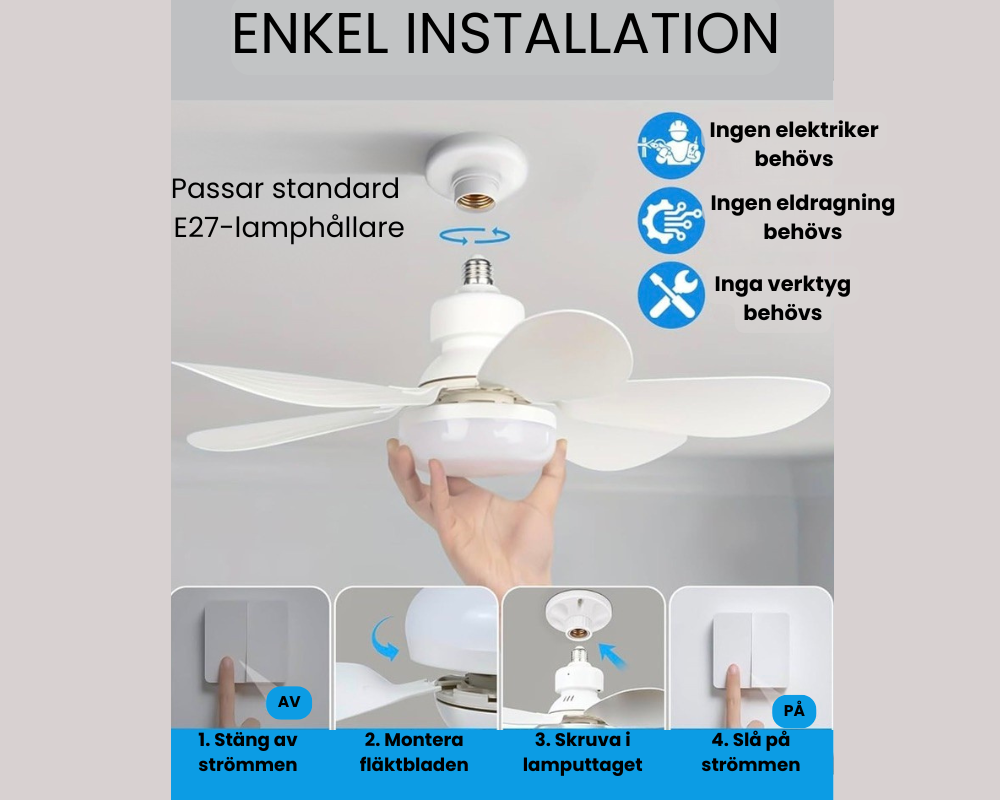 AeroLight E27 – Smidig Takfläkt med Integrerad LED-belysning