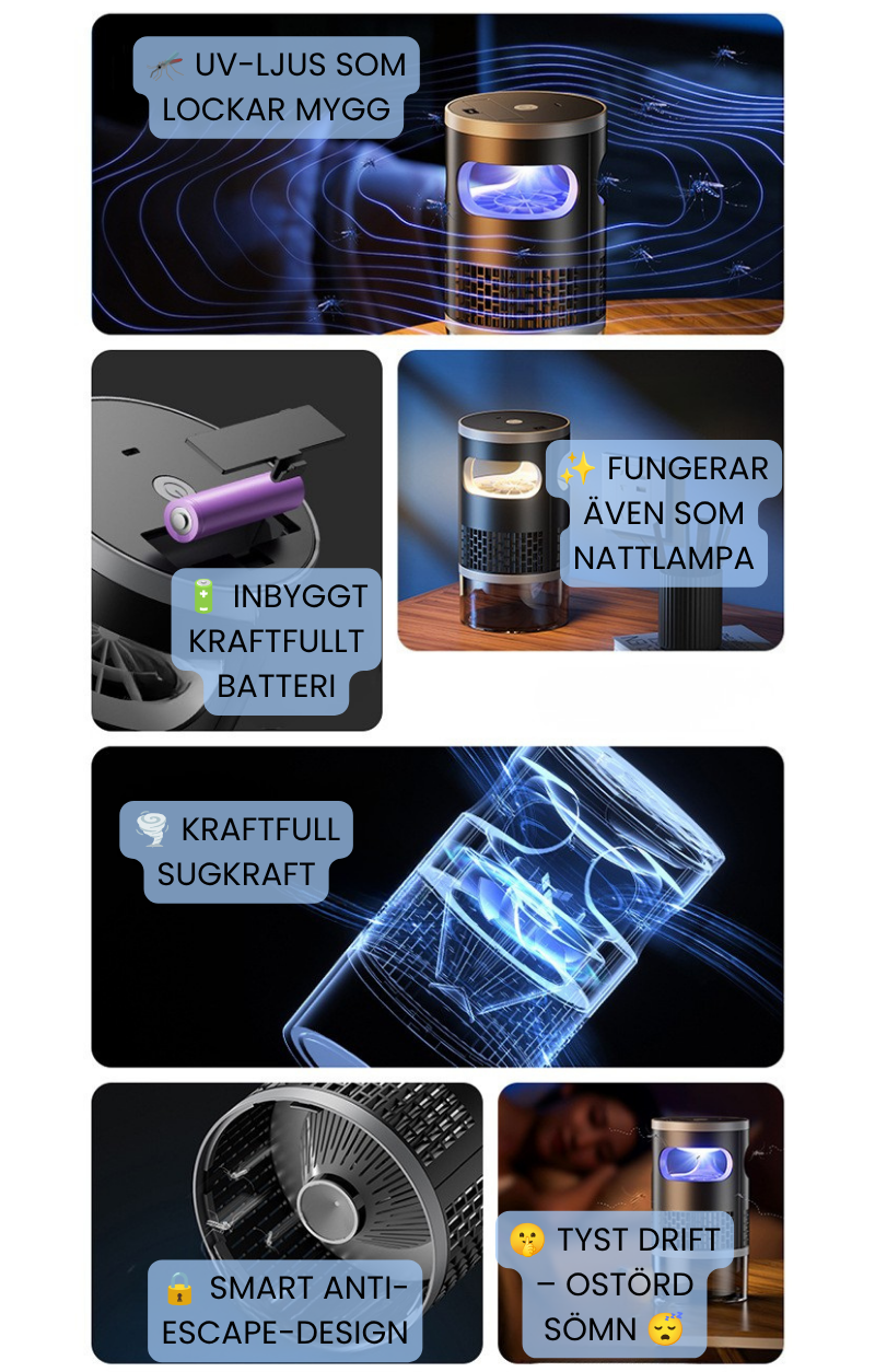 Myggfri™ - Trådlös UV Mygglampa – Tyst & Mycket Effektiv Myggfälla